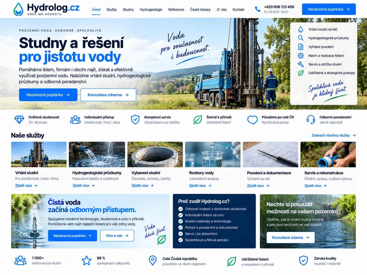 Ilustrační návrh odborného webu pro hydrologii a práci s vodními daty na doméně Hydrolog.cz